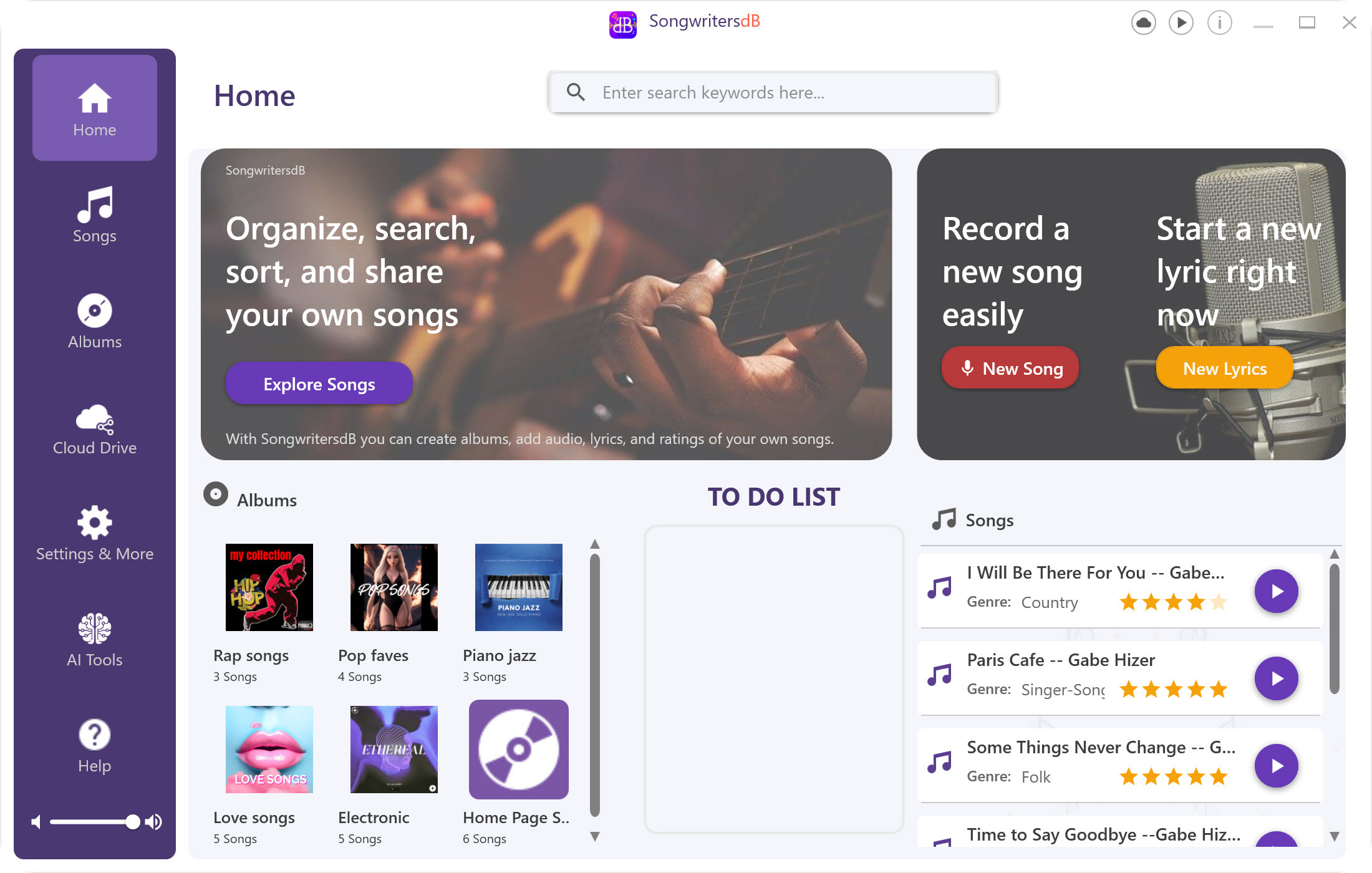 SongwritersdB Application Interface